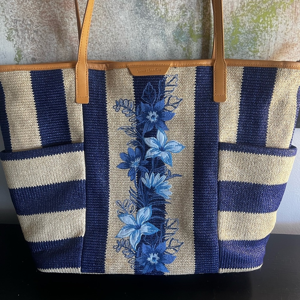 Vera Bradley Navy and Cream Floral-Embroidered Straw Tote with Tan Handles - Picture 3 of 12